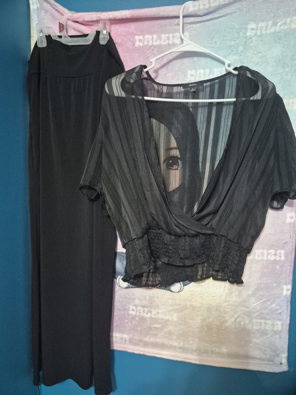 Black Sheer Wrap-Front Blouse with Smocked Waist